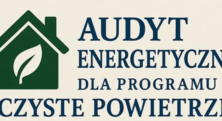 Zielony dom z liściem symbolizuje audyt energetyczny dla programu Czyste Powietrze.