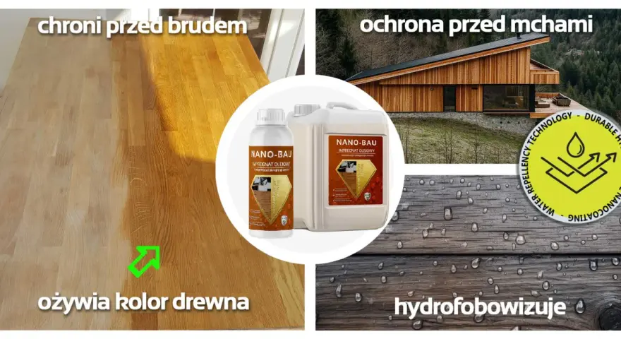 Impregnat Nano-Bau odżywia drewno, chroni przed brudem i mchami, tworząc hydrofobową powłokę.