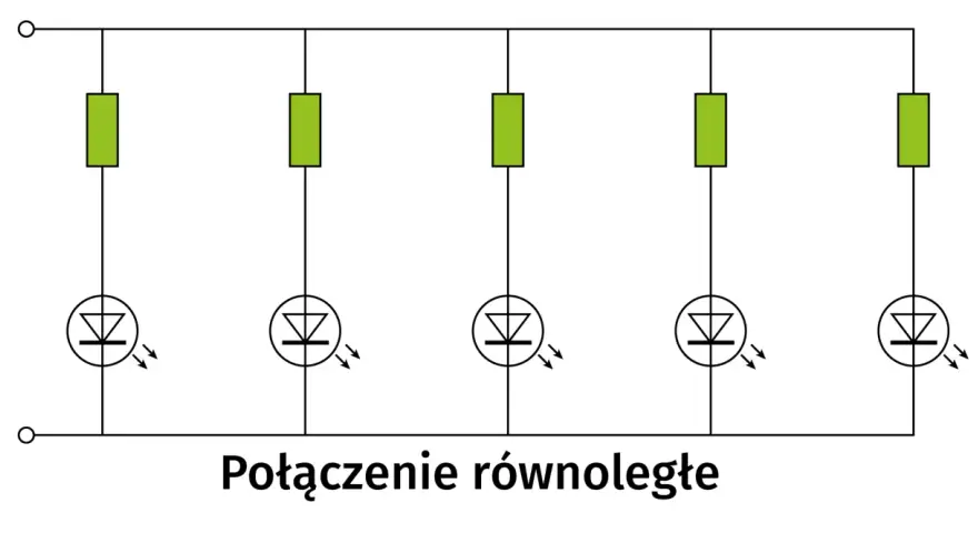 Schemat połączenia równoległego pięciu diod LED z rezystorami. Każda dioda świeci niezależnie.
