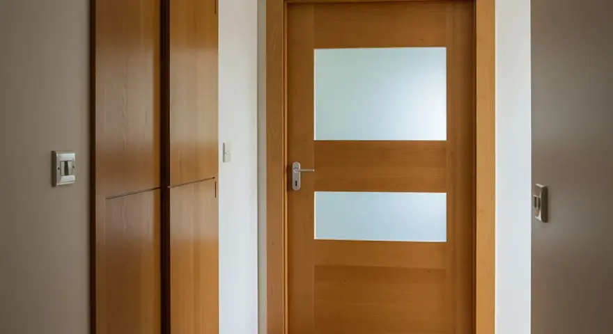 Nowoczesne drzwi z szybą, jak przerobić stare drzwi z szybą na nowoczesne. Drewniane drzwi z dwoma matowymi przeszkleniami.