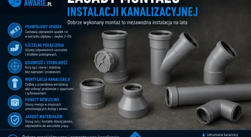 Elementy instalacji kanalizacyjnej z PVC: rury, kolanka, trójniki i rewizje. Poradnik montażu.