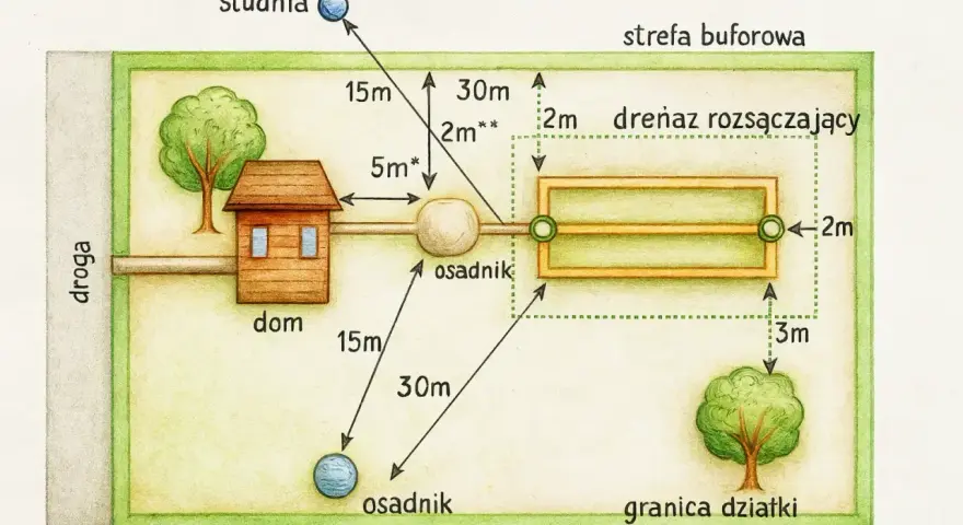 Schemat rozmieszczenia elementów oczyszczalni ścieków na działce. Pokazuje dom, studnię, osadnik i drenaż rozsączający, uwzględniając odległości kluczowe dla kosztu budowy oczyszczalni ścieków.