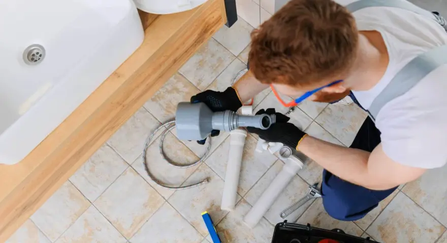 Hydraulik z narzędziem wuko naprawia odpływ pod umywalką.