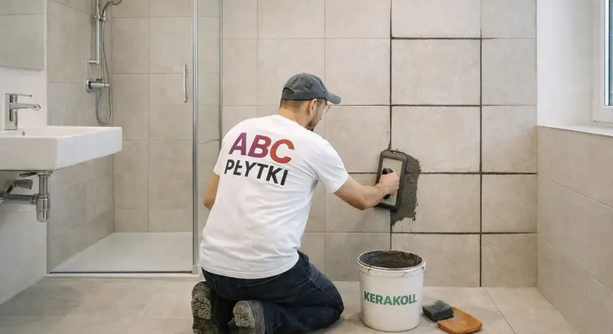 Fachowiec nakłada fugę na płytki w łazience. Obok stoi wiadro z zaprawą i gąbka.