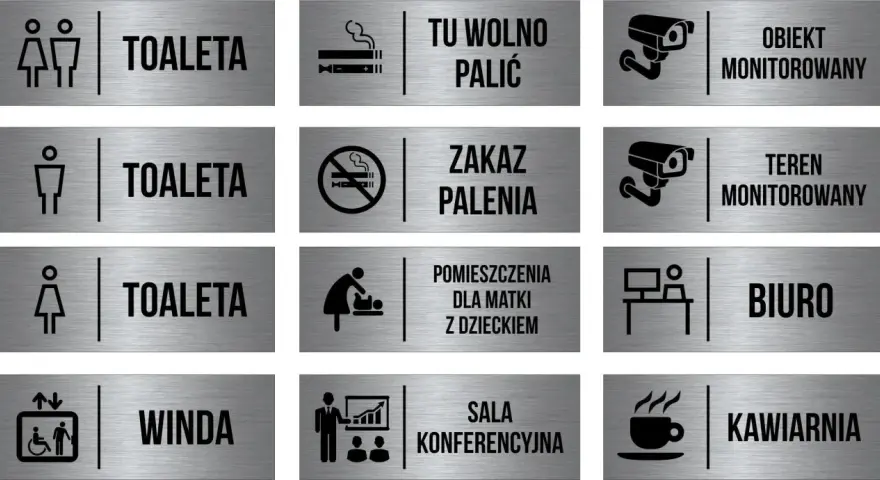 Zestaw oznaczeń toalet, wind, biura, kawiarni i innych pomieszczeń.