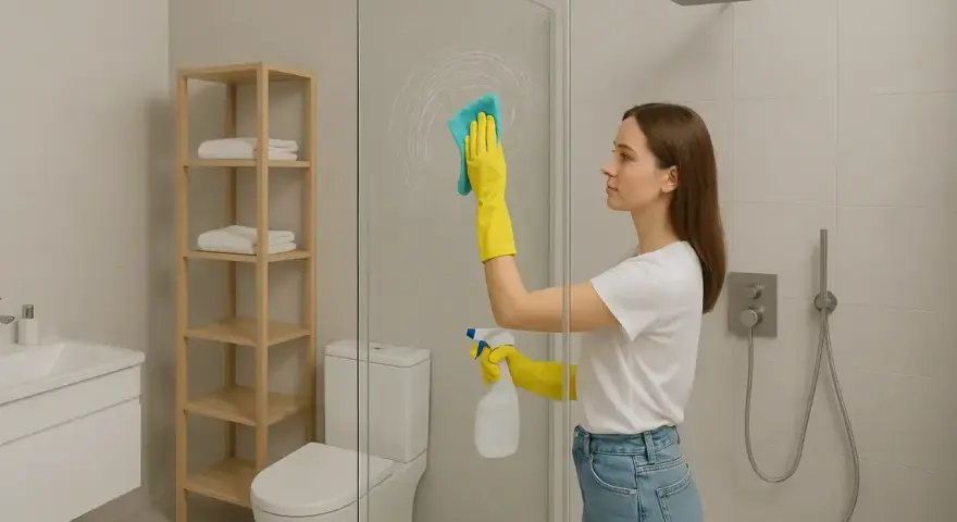 Kobieta w żółtych rękawiczkach czyści szklaną kabinę prysznicową, używając niebieskiej ściereczki i sprayu. Dowiedz się, czym umyć kabinę prysznicową ze szkła, by lśniła czystością.