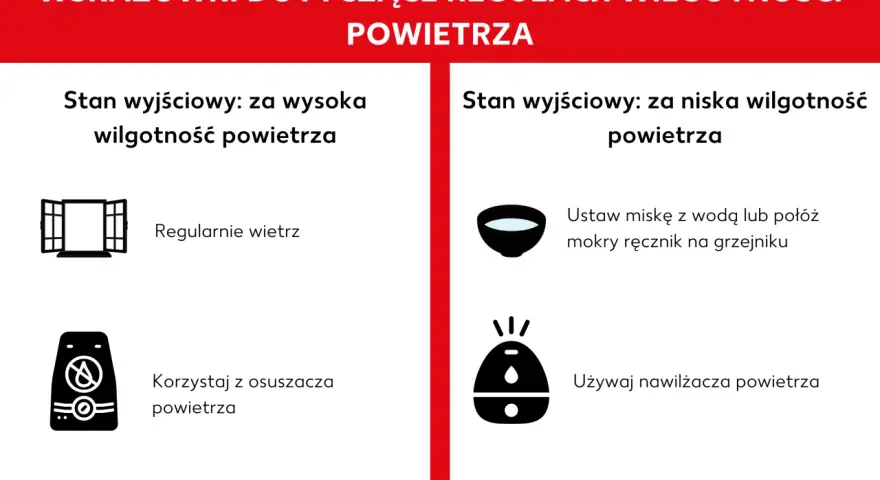 Porady jak regulować jaka wilgotność w domu: wietrz przy za wysokiej, użyj nawilżacza przy za niskiej.