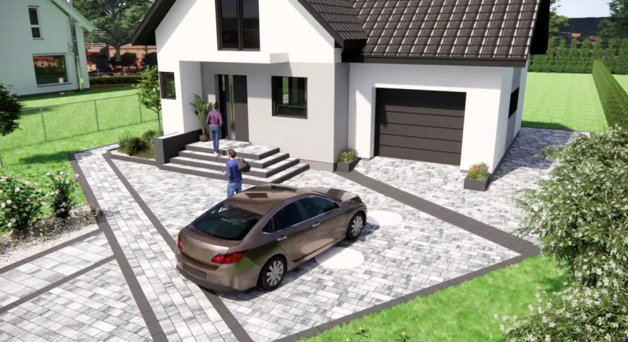 Nowoczesny projekt kostki brukowej wokół domu z podjazdem dla samochodu i schodami.