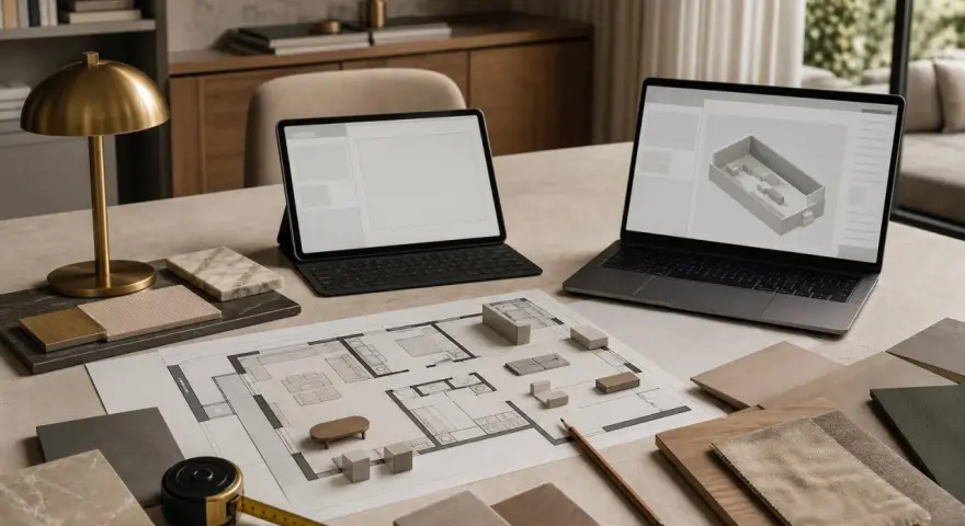 Na stole leży plan mieszkania, próbki materiałów i dwa laptopy z otwartą aplikacją do projektowania wnętrz.