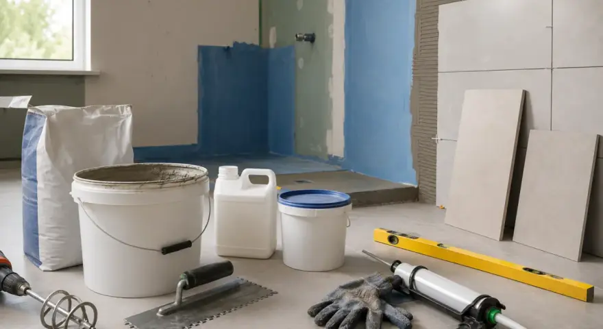 Materiały budowlane do łazienki: zaprawa, wiadra, kielnia, rękawice, paca, pistolet do silikonu, poziomica. Poznaj koszt wylewki samopoziomującej.