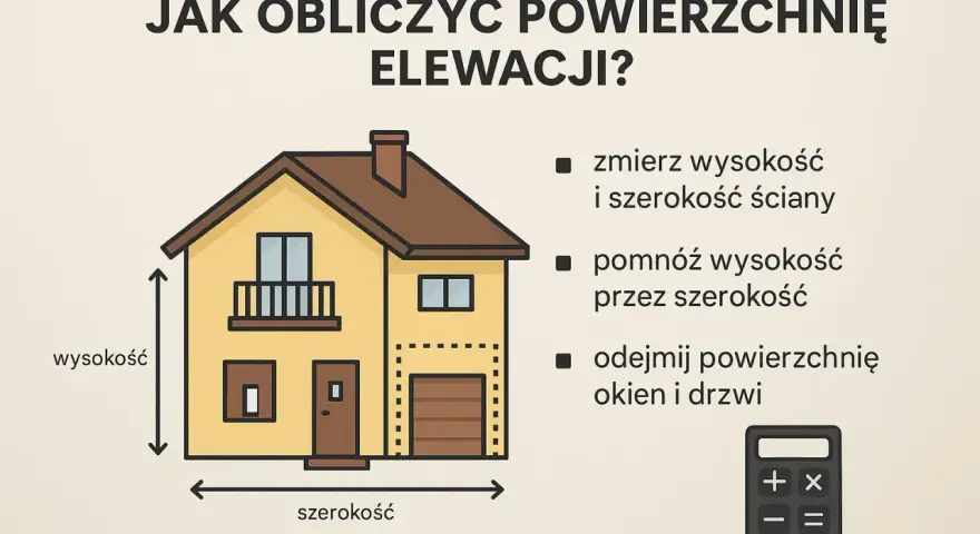 Obliczanie powierzchni elewacji: zmierz wysokość i szerokość, pomnóż, odejmij okna/drzwi. Pomocne przy ustalaniu elewacja cena za m2 robocizna.