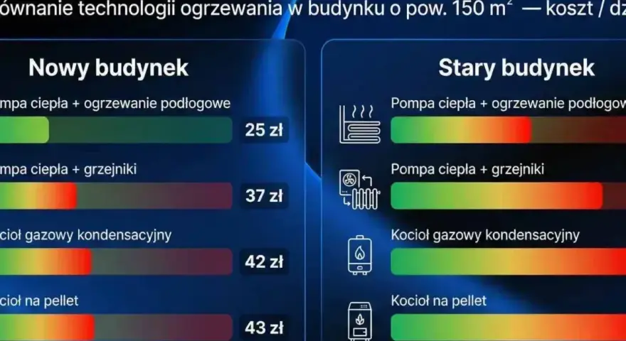 Porównanie kosztów ogrzewania gazowego i innych technologii dla domu 150 m² przy -10°C. Kocioł gazowy kondensacyjny to 42 zł/dzień.