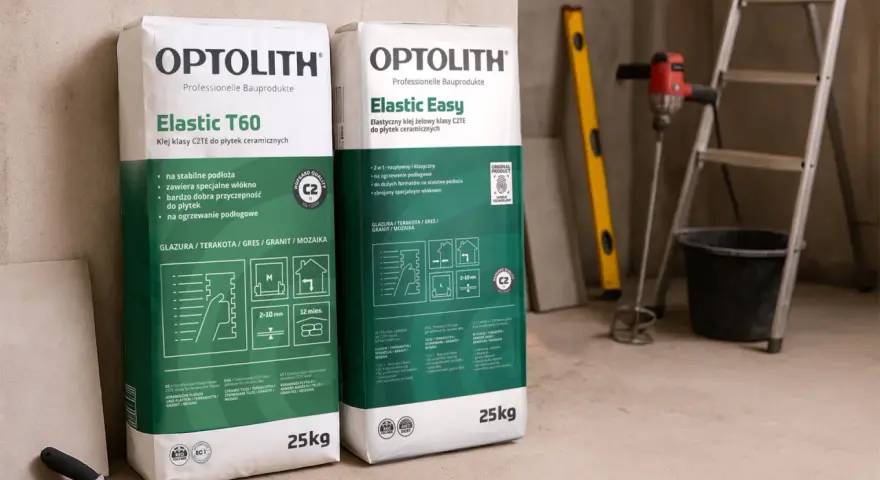 Dwa worki kleju do płytek Optolith Elastic T60 i Elastic Easy. Idealny klej do płytek ceramicznych na ogrzewanie podłogowe.
