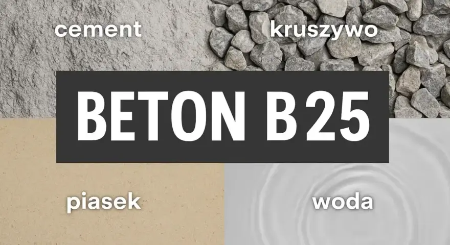 Składniki do zrobienia betonu B25: cement, kruszywo, piasek i woda.