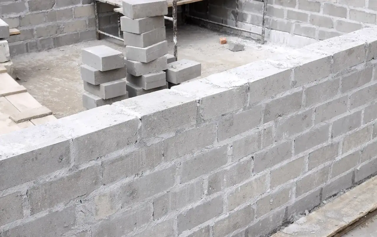 Budowa muru z bloczków betonowych. Widać stosy bloczków i fragmenty ścian. Ile bloczków betonowych na m2?