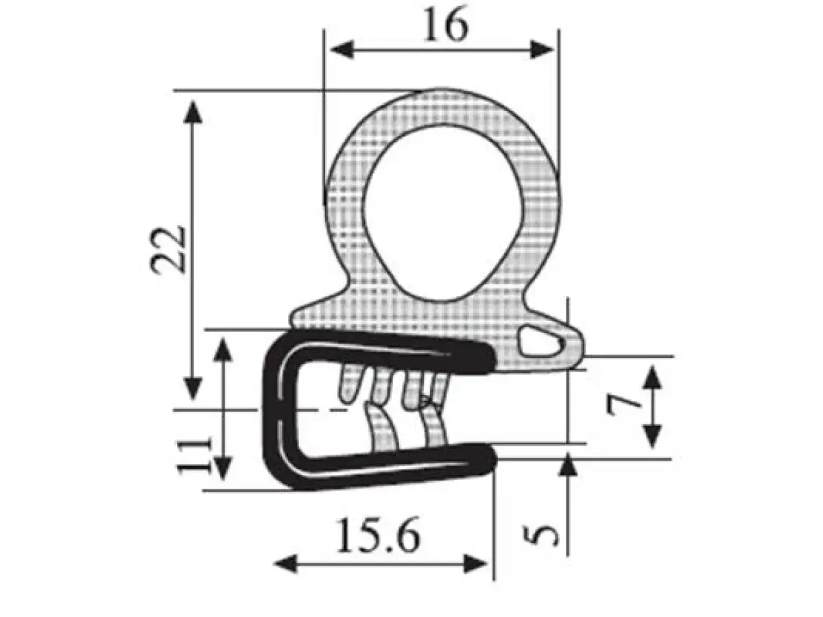 Profil uszczelniający z elementem mocującym, wymiary 22x16x11x15.6x7x5 mm. Idealny do kompensacji dylatacji.
