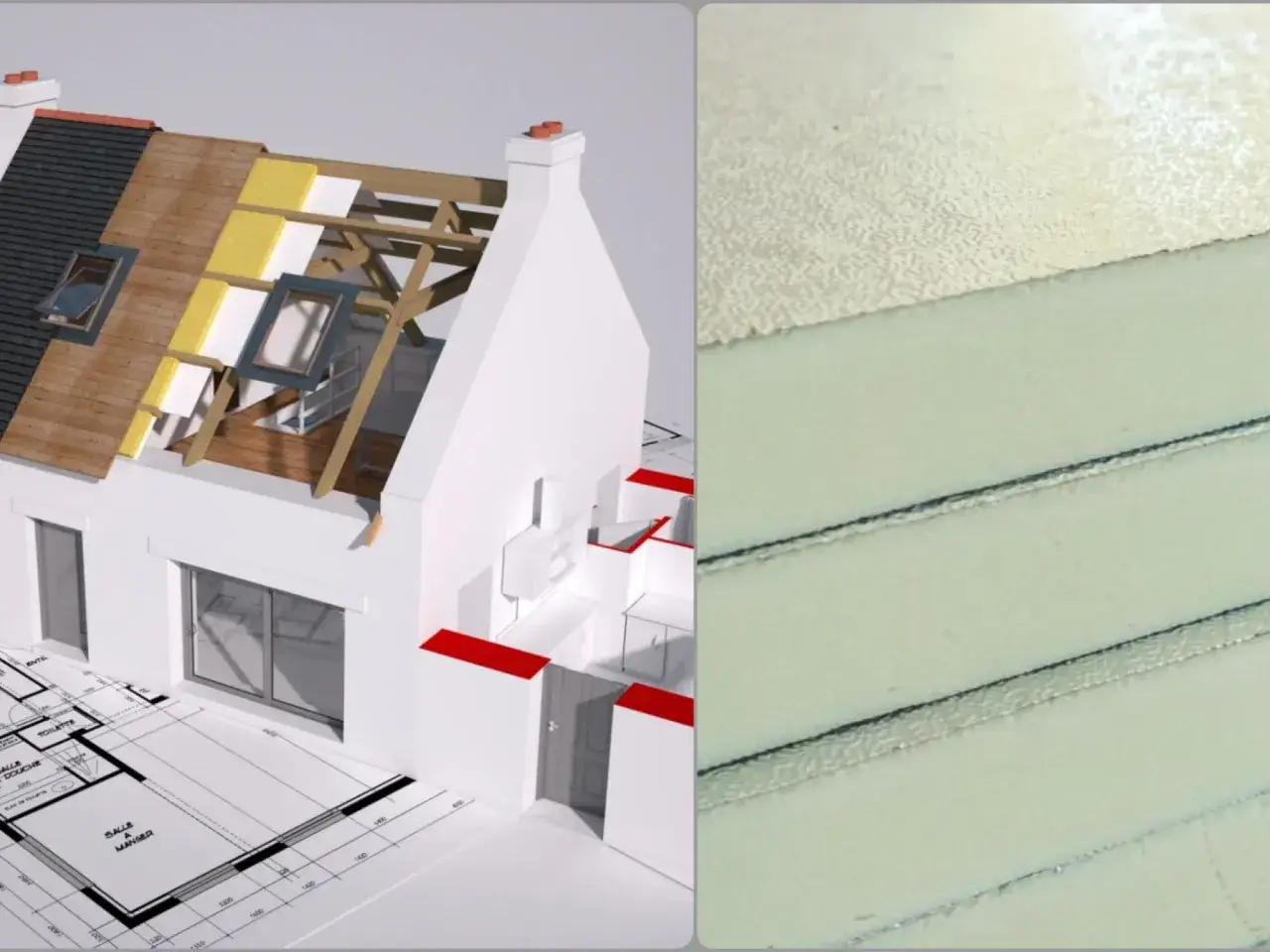 Budowa domu z widocznym przekrojem dachu, izolacją i planem architektonicznym. Obok stosy płyt PIR, idealnych do izolacji.