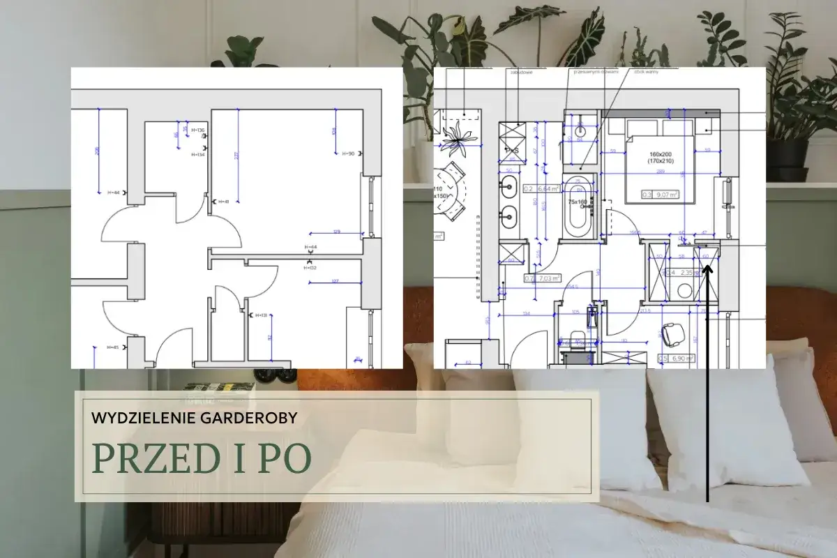 Plany architektoniczne pokazujące układ pomieszczenia przed i po wydzieleniu garderoby.