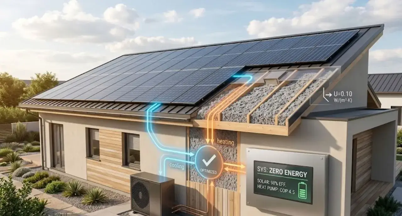 Dom z panelami słonecznymi i pompą ciepła, ilustrujący ulgę termomodernizacyjną i system zeroenergetyczny.