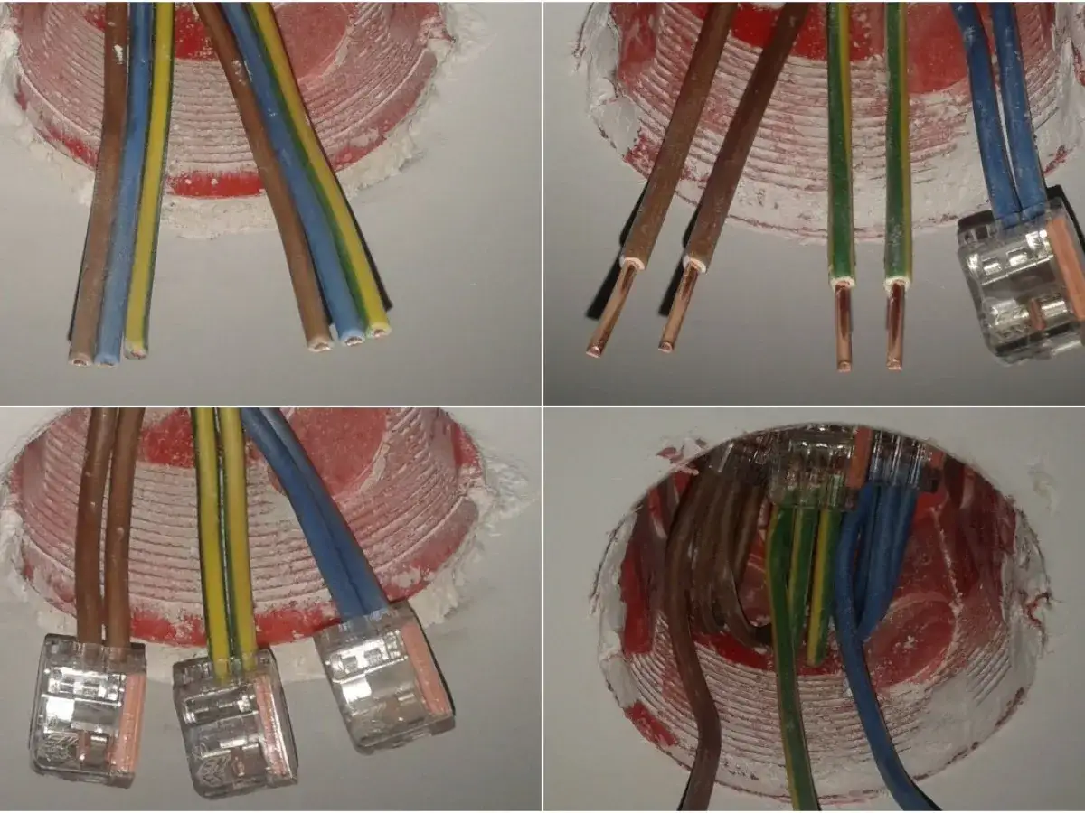 Instalacja elektryczna: jaki kabel do gniazdek? Widać przewody brązowe, niebieskie i żółto-zielone, przygotowane do podłączenia.