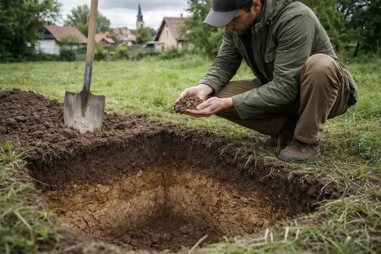 Mężczyzna sprawdza wilgotność ziemi w wykopie, zastanawiając się, ile schnie grunt. Obok stoi łopata.