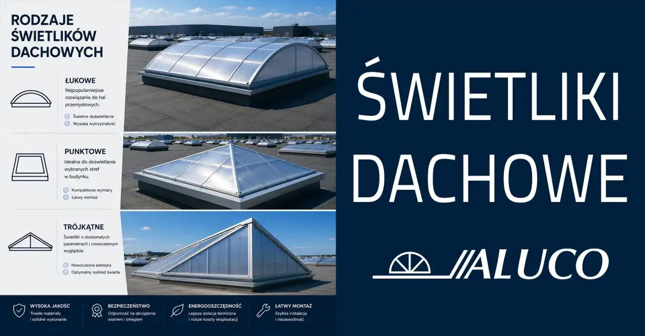 Różne rodzaje świetlików dachowych: łukowe, punktowe i trójkątne. Idealne do doświetlania budynków.