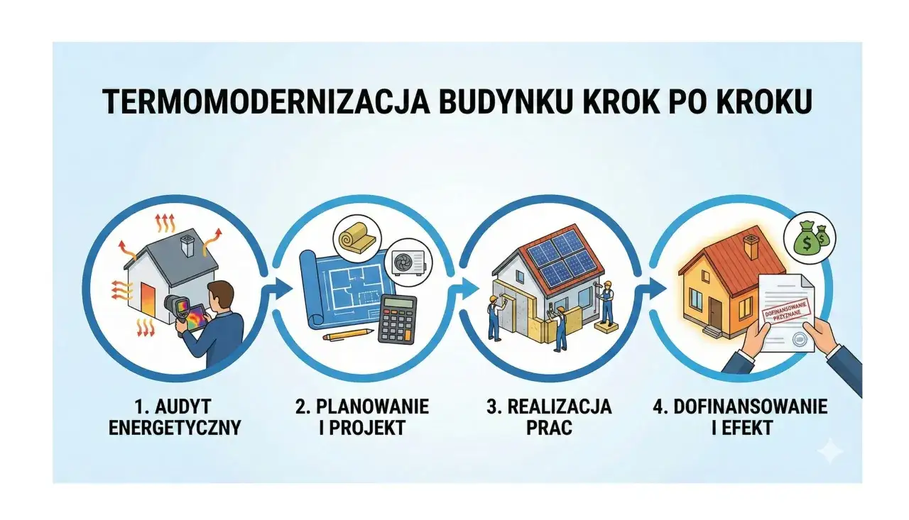 Proces termomodernizacji: 1. Audyt energetyczny (sprawdź, ile kosztuje audyt energetyczny), 2. Planowanie, 3. Realizacja, 4. Dofinansowanie.