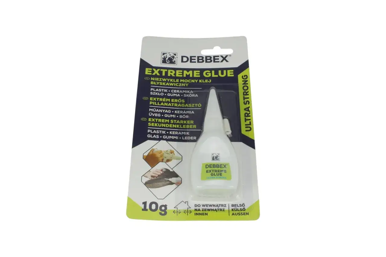 Klej Debbex Extreme Glue w tubce, gotowy do użycia. Jedna kropelka wystarczy, by połączyć różne materiały.