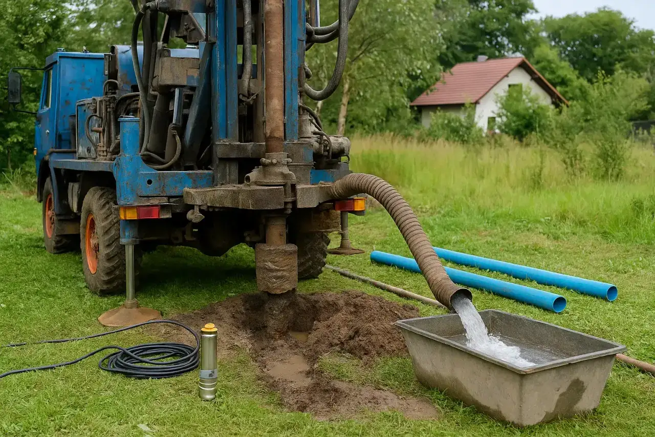 Wiertnica kopie studnię, a woda płynie rurą do koryta. Zastanawiasz się, ile kosztuje wykopanie studni głębokości 25 m?