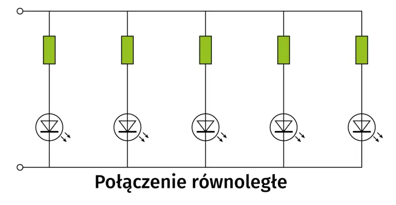 Schemat połączenia równoległego pięciu diod LED z rezystorami. Każda dioda świeci niezależnie.