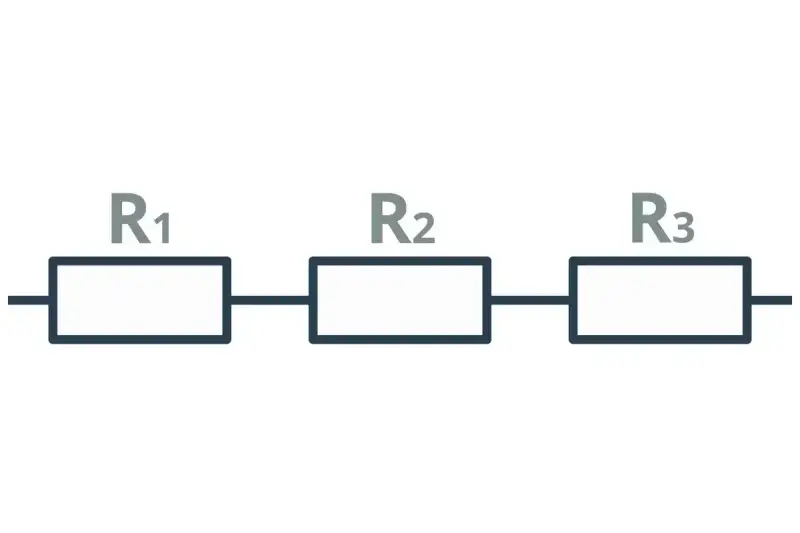 Schemat obwodu elektrycznego z trzema rezystorami R1, R2, R3 połączonymi szeregowo.