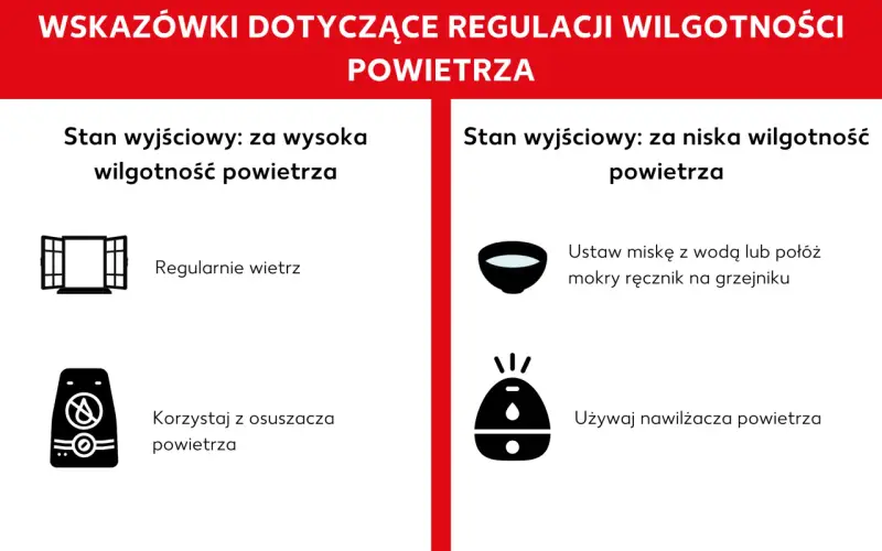 Porady jak regulować jaka wilgotność w domu: wietrz przy za wysokiej, użyj nawilżacza przy za niskiej.